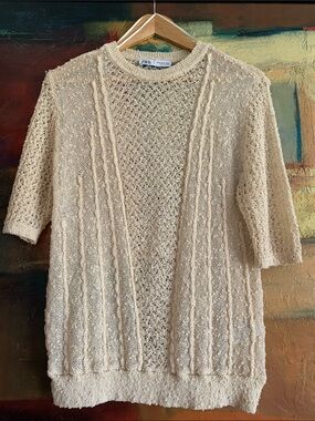 ZARA Pale Yellow Mixed Open Knit Short Sleeve Sweater, Sz XL